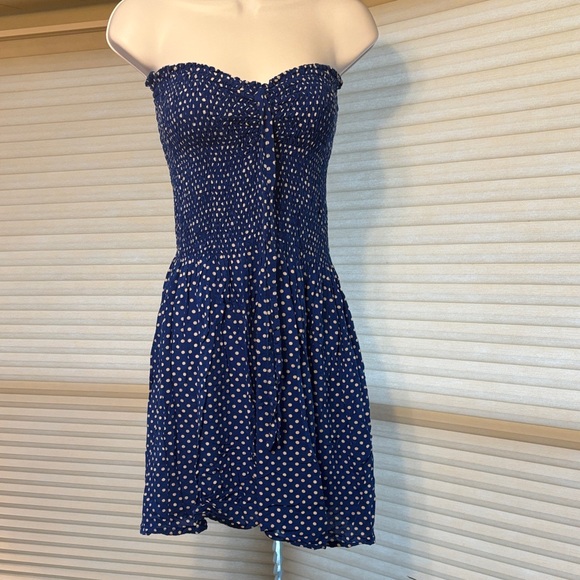 Elegant Navy Strapless Polka Dot Dress - Picture 1 of 7
